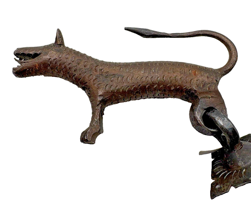 6" Hand Forged Engraved Handmade Iron Bronze Wolf Dog Tiger Knocker w Fastener